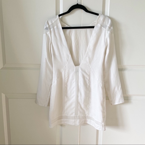 Finders Keepers Turning Tables Long Sleeve Deep V Back White Mini Dress - Picture 15 of 15